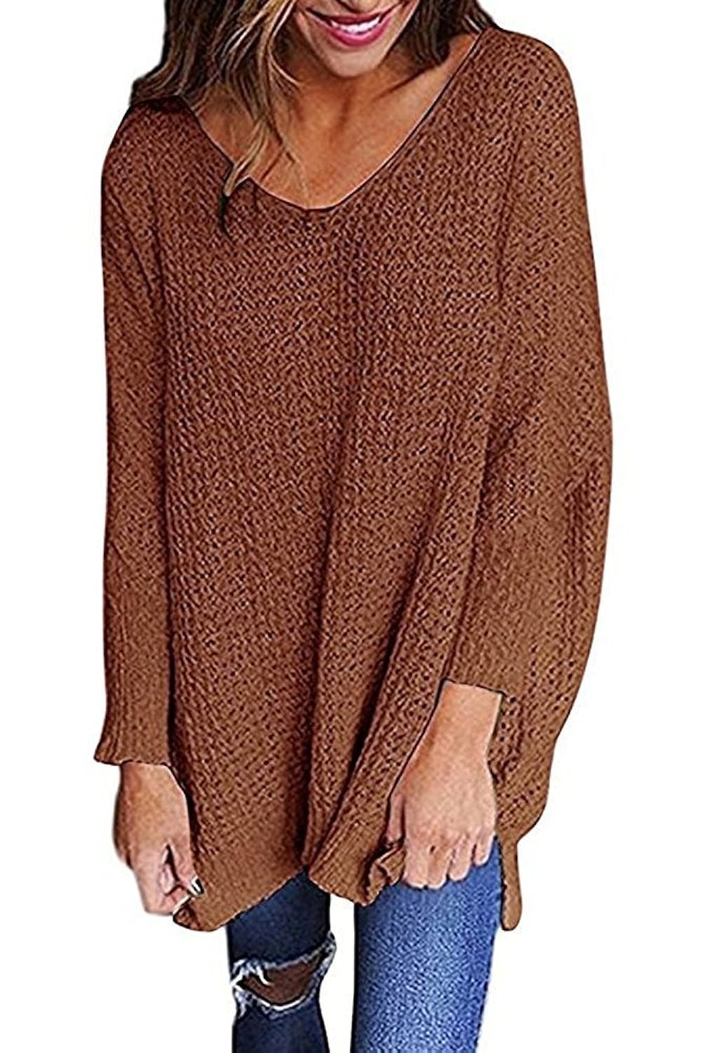 女式超大套头毛衣长袖 v 领 jumpers 上衣 棕色 x-large